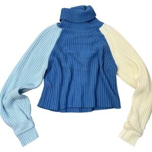 Missguided Colorblock Turtleneck Sweater Cropped Ribbed Knit Blue Size US 2/4